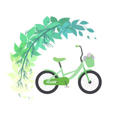 Eco friendly transport. Green bike with flowers on branches of the leaves. Sports lifestyle. Summer hobby. Vector flat illustration for cards, print and your creative.