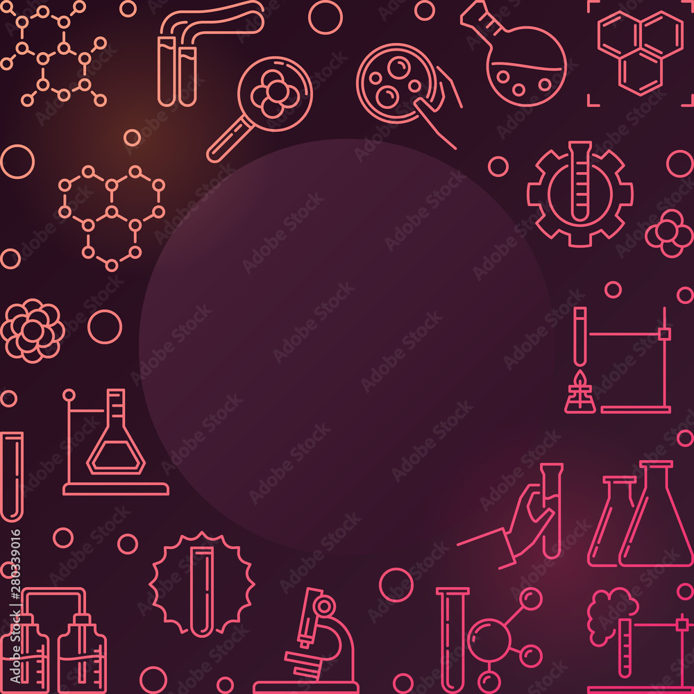 Poster vector chemical colorful illustration with round frame in thin line style on dark background