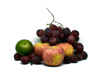 orange, grapes and apple group isolated on white background. Horizontal composition for package design