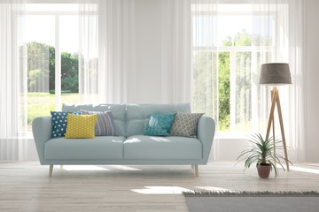 Stylish room in white color with sofa. Scandinavian interior design. 3D illustration