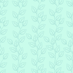 Vector seamless pattern with vertical branches. Simple blue branches with leaves. 