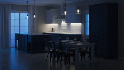 Modern house interior. Night. Evening lighting. 3D rendering.