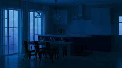 Modern house interior. Night. Evening lighting. 3D rendering.