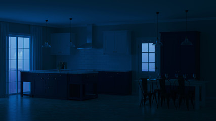 Modern house interior. Night. Evening lighting. 3D rendering.