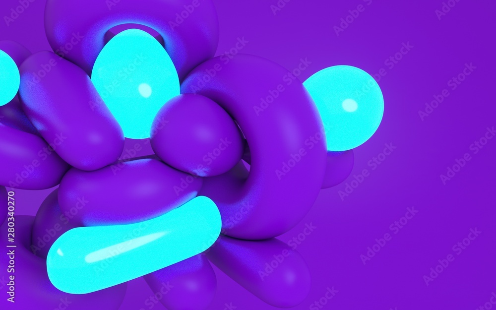 Poster 3d rendering illustration of soft dynamic shapes. bold purple color and neon light material. creativ
