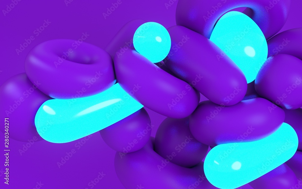 Aufkleber 3d rendering illustration of soft dynamic shapes. bold purple color and neon light material. creativ