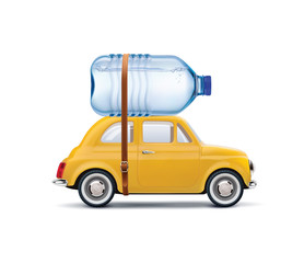 Big plastic bottle of potable water on car isolated on white. Realistic vector 3d illustration