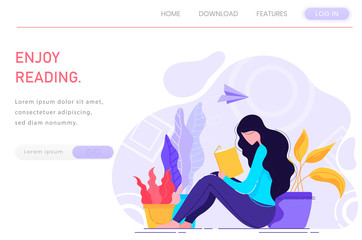 Vector web site. Landing Page Girl Reading of books. Design linear art flat illustration. Hobby. Landing Page social media. Landing Page free time. Enjoy reading.
