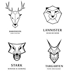 Great kingdoms houses gaming heraldic vector icons with line animals and throne symbols. Animal tattoo for medieval heraldry illustration