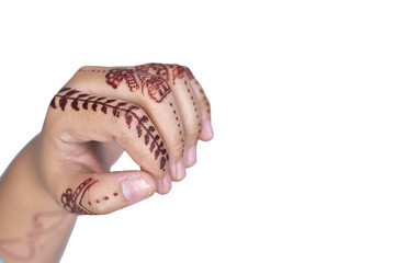Woman Hands with black mehndi tattoo. Hands of Indian bride girl with black henna tattoos. Hand...
