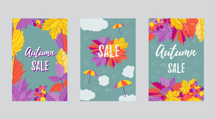 Autumn sale yellow and purple banners with leaves and text