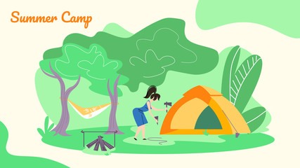 Young Woman Hummer Sticks to Ground to Set Up Tent