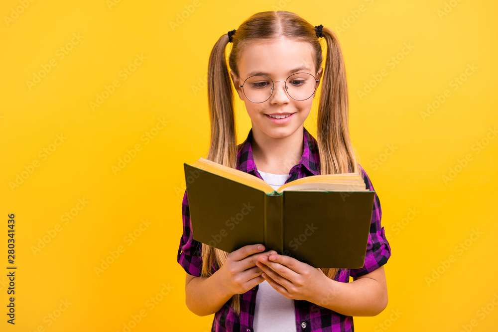 Canvas Prints closeup photo of small lady knowledge wondered reading story wear specs checkered shirt isolated bri