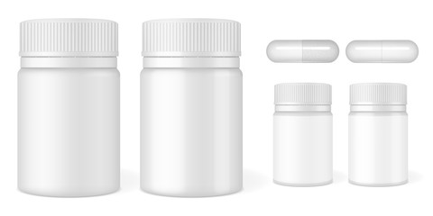 Set of vector realistic images (mock-up, layout  of matte and glossy blank plastic packaging for tablets (vitamins or cosmetics) with a label and without a label and tablets (pills, vitamins). EPS 10.