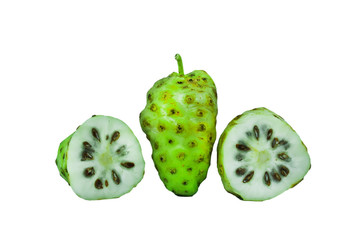 noni or Morinda Citrifolia and slice isolated on white background