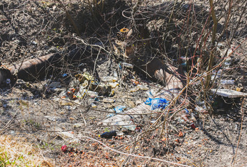 Fototapeta premium Environment pollution. Glass and plastic bottles on dry ground. Ecological disaster. Trash after tourists.