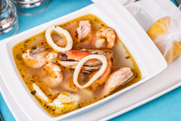 Mediterranean squid, shrimp, chicken and crab meat soup