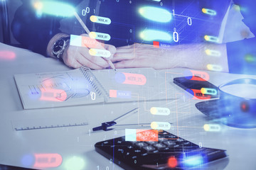 Writing Man hands with data theme multi exposure icons.