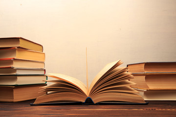 Education learning concept with opening book or textbook in old library, - Image