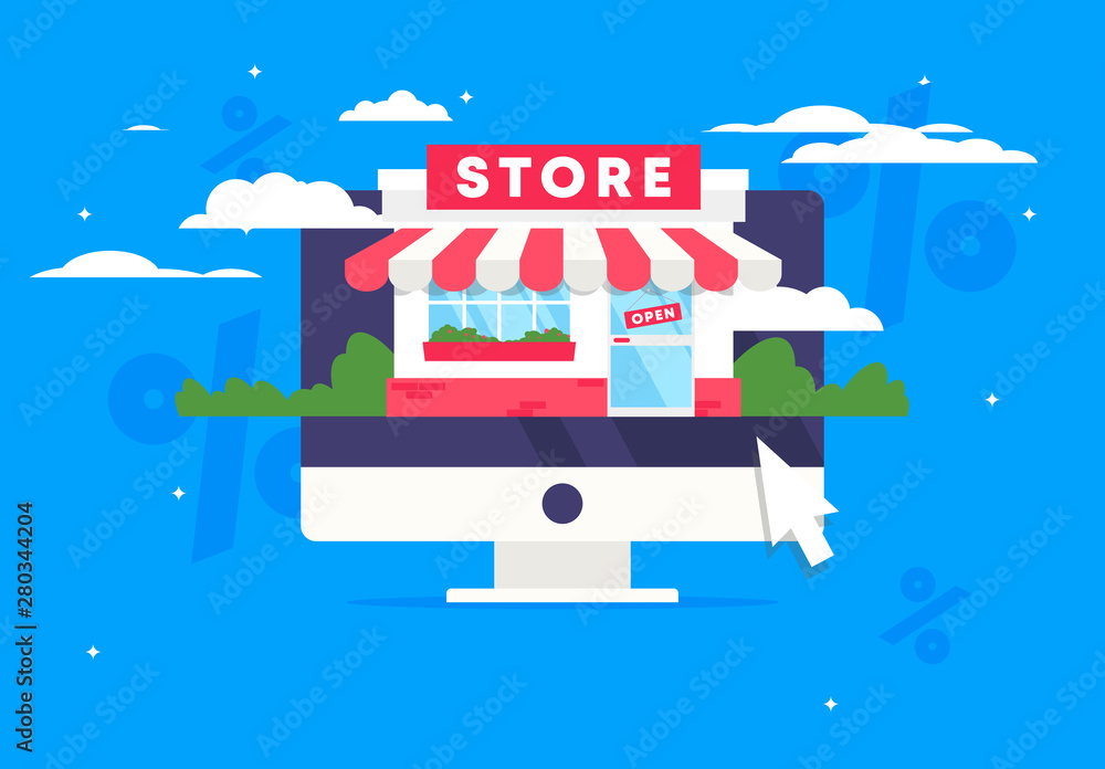 Poster vector illustration of online store template, store image in computer monitor, mouse cursor icon, di