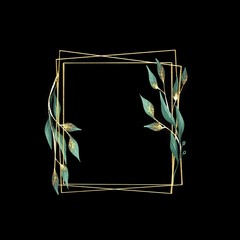 Decorative golden frame. Floral wreath with green leaves . Isolated on black