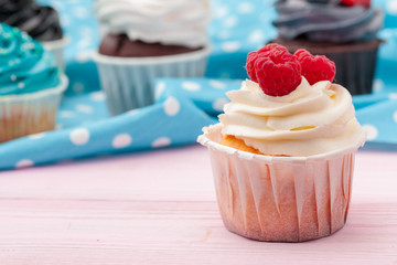 Cupcakes decorated with sprinkles and frosting - close up