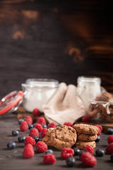 Fresh bluebarries and raspberries around delicious chocolate chips