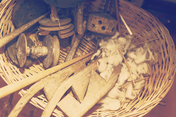 Close up of historical carpentry tools on a rough wooden table