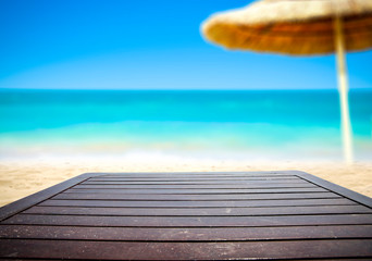 Fototapeta na wymiar Desk of free space and summer beach landscape 