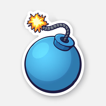 recommend clip art: Vector illustration. Blue ball-shaped bomb with a burning fuse rope. Sticker with contour. Isolated on white background