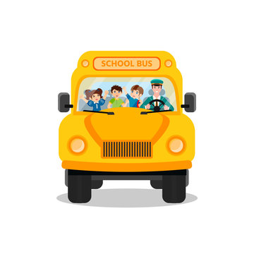 School bus and cute happy kids and driver. Back to school concept. Vector illustration isolated on white background.