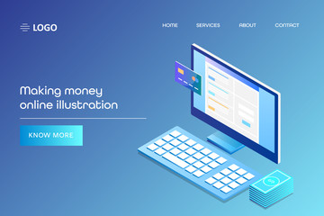 Isometric desktop computer displaying website on screen, with credit card and money, make money online 3d style concept, web banner with text.