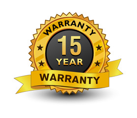 Strong and powerful golden 15 year warranty badge, sign, seal, stamp, label set ribbon isolated on white background.