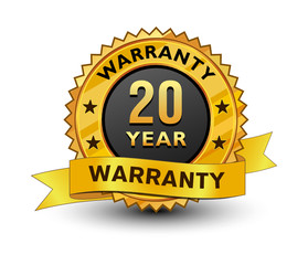 Strong and powerful golden 20 year warranty badge, sign, seal, stamp, label set ribbon isolated on white background.