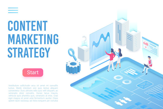 Content marketing strategy landing page isometric vector template. Strategic business approach 3d concept. Social media, digital marketing. Creating, distributing content website homepage layout