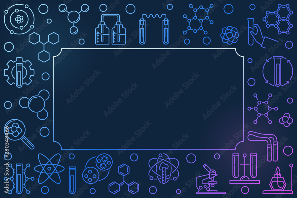 Poster chemistry vector colorful horizontal frame with chemical outline icons and empty space on dark backg