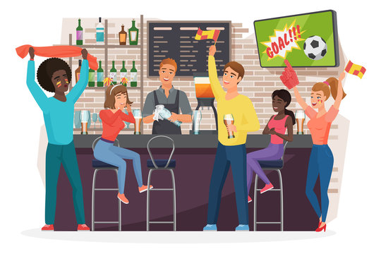 People drinking beer in bar flat vector illustration. Friends watching football match, bartender standing at sport bar stand cartoon characters. Football fans having fun in pub after workday