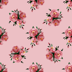 Seamless pattern with watercolor pink flowers, botanical floral texture hand drawing. Repeat paper background perfectly for web design, wallpaper, fabric, backdrop.