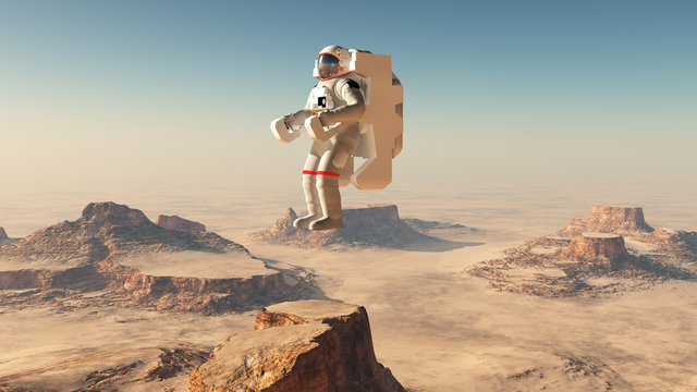 Astronaut in der Schwerelosigkeit über einer Wüste