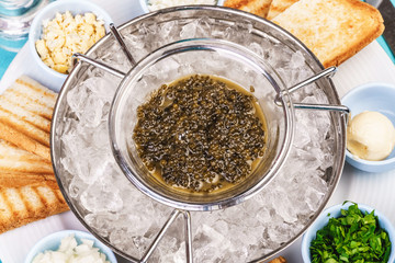 Mediterranean caviar appetizer on ice, toast, butter, greens and a set of sauces