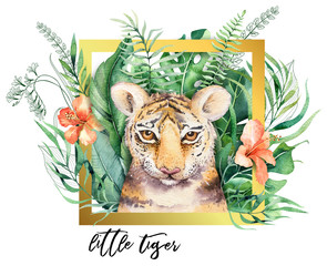 Watercolor tiger illustration and summer paradise tropical leaves jungle print with frame. Palm plant and flower isolated o white.