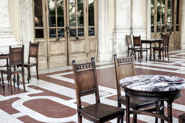European restaurant exterior, empty chairs, lonely place, saddness, autumn