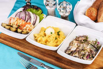 Mediterranean snack of puree, pickled herring, quail eggs, pickled cucumbers, onion rings, pickled cabbage, onions and greens