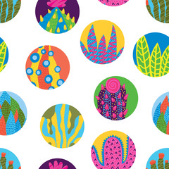 Cute cactus. Big polka dot. Vector seamless pattern.