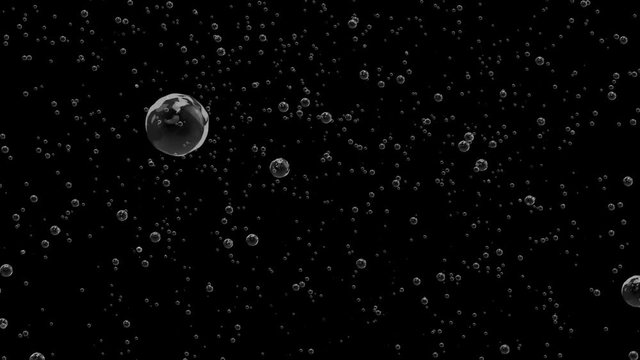 Soap bubbles fly in empty screen from below fly up and stop. Animation on black background.
