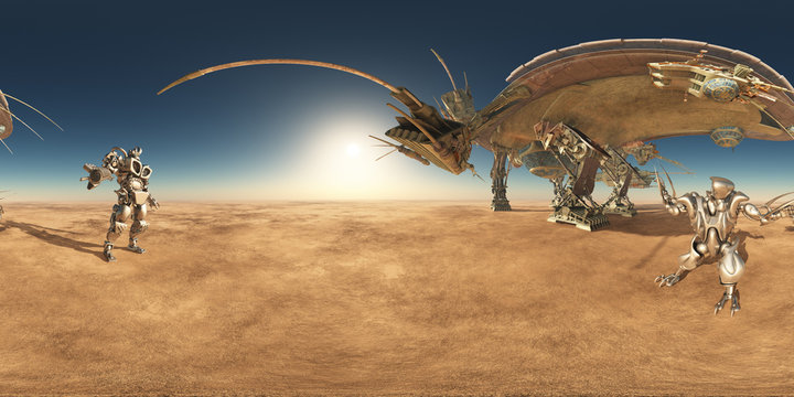 360 Grad Panorama mit einem riesigen Raumschiff und zwei Robotern in einer Wüstenlandschaft