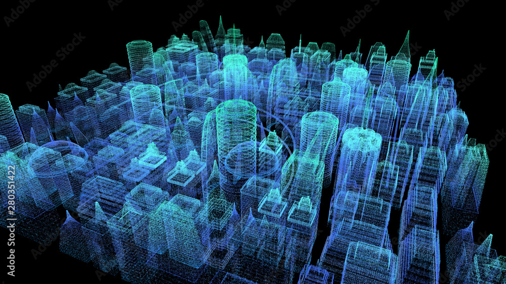 Poster Futuristic holographic city digitally generated image virtual reality matrix particles in cyber space background environment