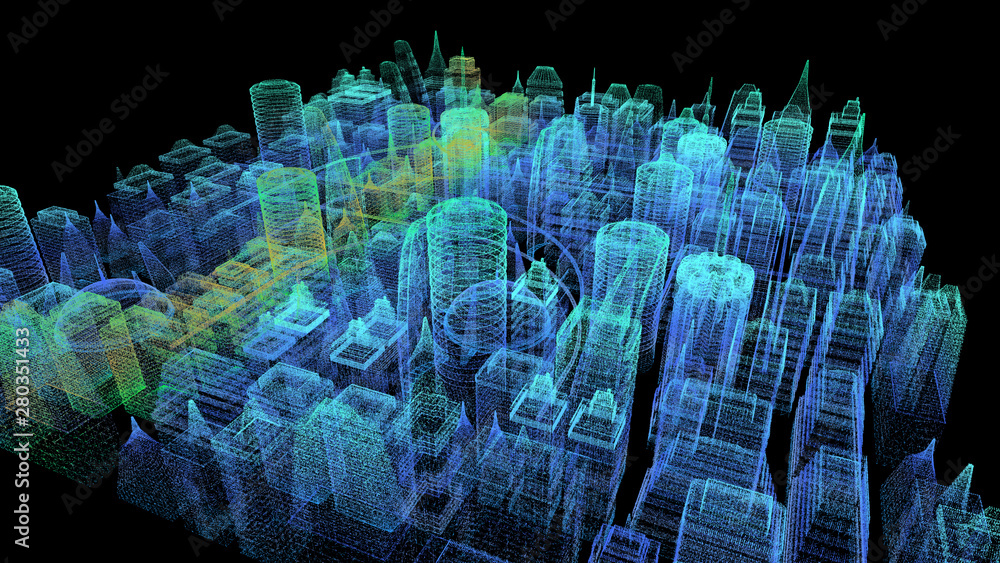 Poster Futuristic holographic city digitally generated image virtual reality matrix particles in cyber space background environment