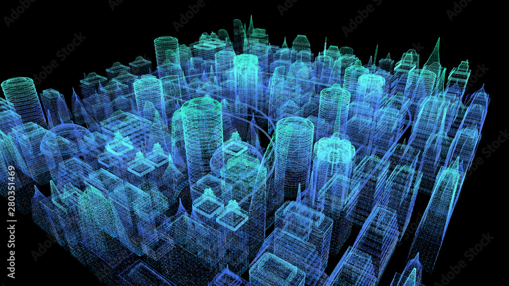 Poster Futuristic holographic city digitally generated image virtual reality matrix particles in cyber space background environment