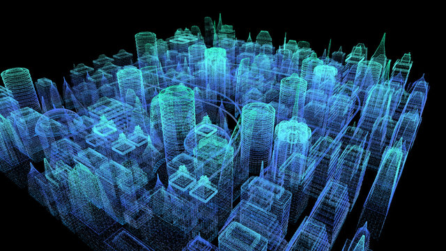 Futuristic holographic city digitally generated image virtual reality matrix particles in cyber space background environment